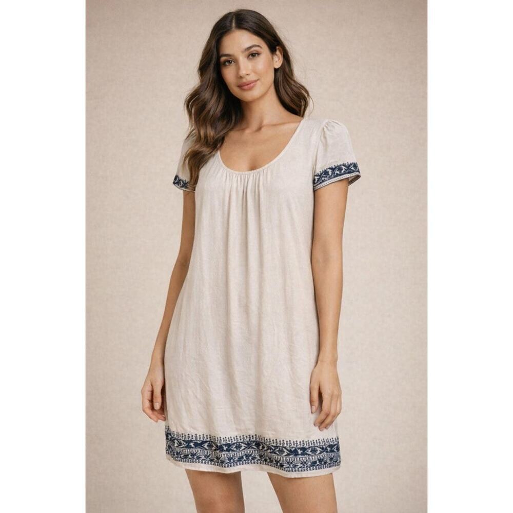 ZARA Women’s Beige Dress Size Large | Black Embroidered Boho Short Sleeve